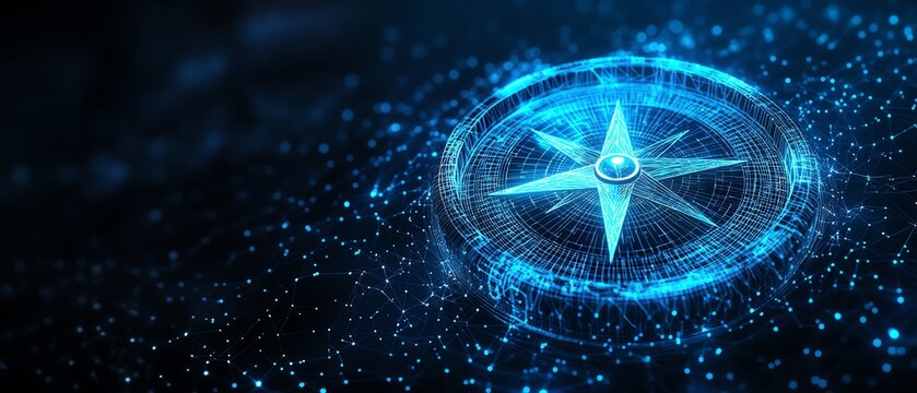 Digital compass representing business achievement, low poly wireframe aiming for success, blue dark background, futuristic digital fantasy style, 8K UHD