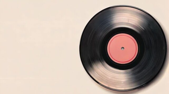 A spinning vintage vinyl record with visible grooves close-up on a light colorful background.