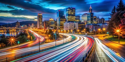 Obraz premium Portland Oregon Night Traffic Light Trails Bokeh Photography - Cityscape Lights