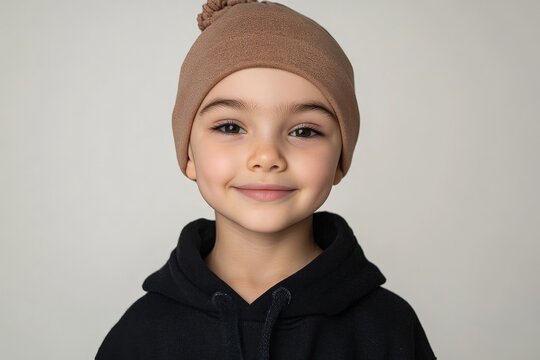 Happy child wearing a brown beanie with a cheerful expression against a neutral background inspired by winter themes