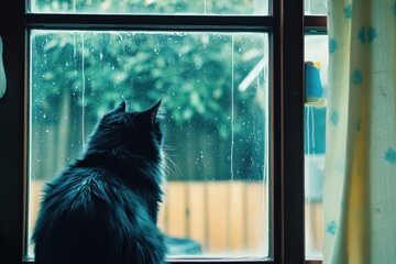Fluffy black cat sits by window, gazing outdoors on rainy day.