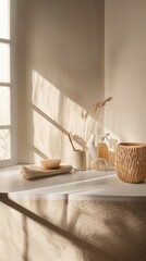 Spring cleaning. Fresh airy bathroom with soap, brush and cleaning supplies on background. Vertical shot with empty space