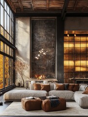 Beautiful spacious living room features modern design and large windows