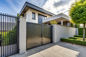 Fototapeta premium Sleek grey steel gate, a modern home's private entrance. Architectural photography showcases its stylish design.