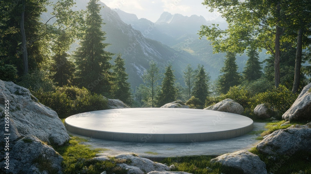Poster scenic mountain view with a circular platform in a forest.