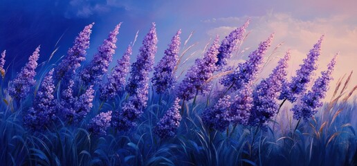 Vibrant purple flowers swaying gently in a field at sunset.