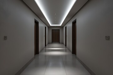 Obraz premium Modern Hotel Corridor Interior Design Long Hallway with Dark Wood Doors and Recessed Lighting