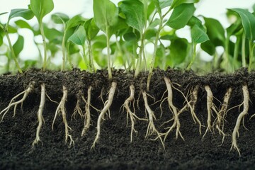 Fototapeta premium Young green plants growing in rich soil with visible roots extending underground, symbolizing growth and nature's foundation