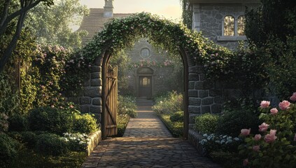 Sunlit stone archway leads to charming cottage garden path.