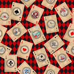 Alice in Wonderland  vintage style original hand drawn  playing cards seamless pattern
