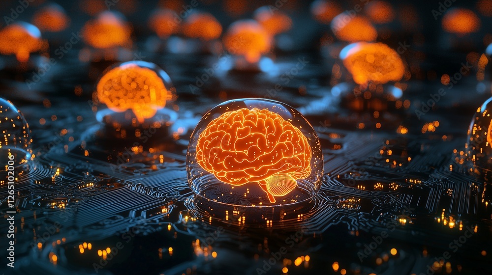 Poster glowing brains in a network symbolize ai and machine learning interconnectivity.