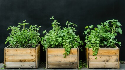 Three wooden planters with various herbs against a dark wall.