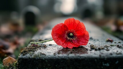 A close-up of a red poppy flower laid at a gravestone on Memorial Day