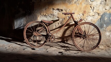A rusted, dilapidated bicycle rests in a dimly lit, weathered corner, telling tales of past journeys and forgotten times.
