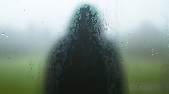 A shadowy figure veiled by fog, viewed through a misty window, embodies a haunting and enigmatic presence amidst the obscure surroundings.