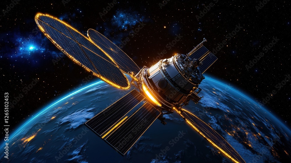 Poster high-tech spacecraft orbiting earth with illuminated solar panels against a starry background in out