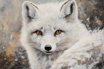 Close-up portrait of an arctic fox with amber eyes, nestled in snowy environment.