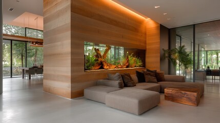 An elegant fish tank installed in a contemporary living space brings modern aesthetics and a sense of serenity, enhancing the overall ambiance with mesmerizing aquatic life.