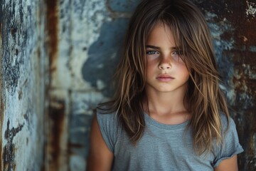 Fototapeta premium Portrait of a young girl with long hair standing against an urban textured wall in soft natural light