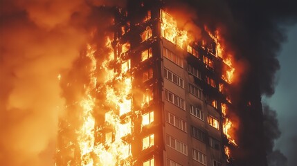High-rise engulfed in flames symbolizes urgency in emergency response.