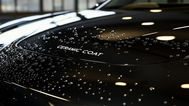 Car hood with water droplets showcasing ceramic coating's hydrophobic effect.