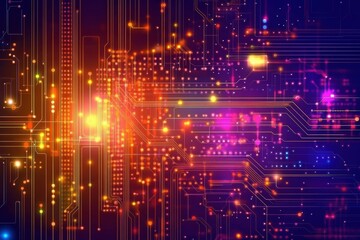 Obraz premium Vibrant technology graphic design background featuring glowing circuits and abstract patterns