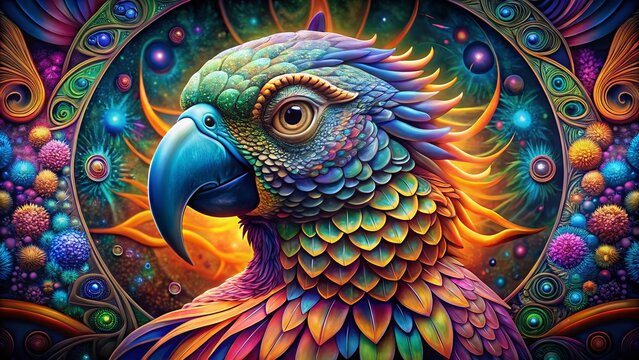 Psychedelic Parrot in Vibrant Geometric Mandala Panoramic