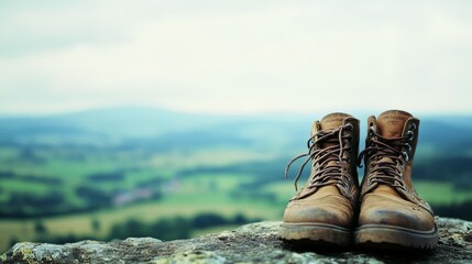 A pair of worn hiking boots rest on a rocky ledge, overlooking a sprawling landscape blurred in the distance, evoking a sense of adventure and exploration.