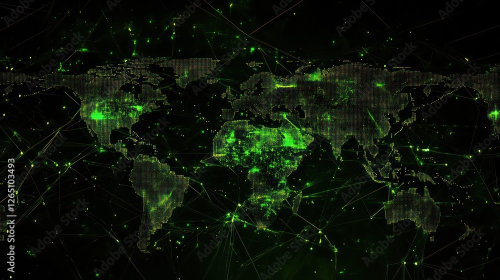 Poster global network connectivity highlighted with green digital world map
