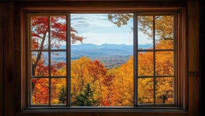 Autumnal view through a rustic window showcasing vibrant fall foliage and distant mountains.