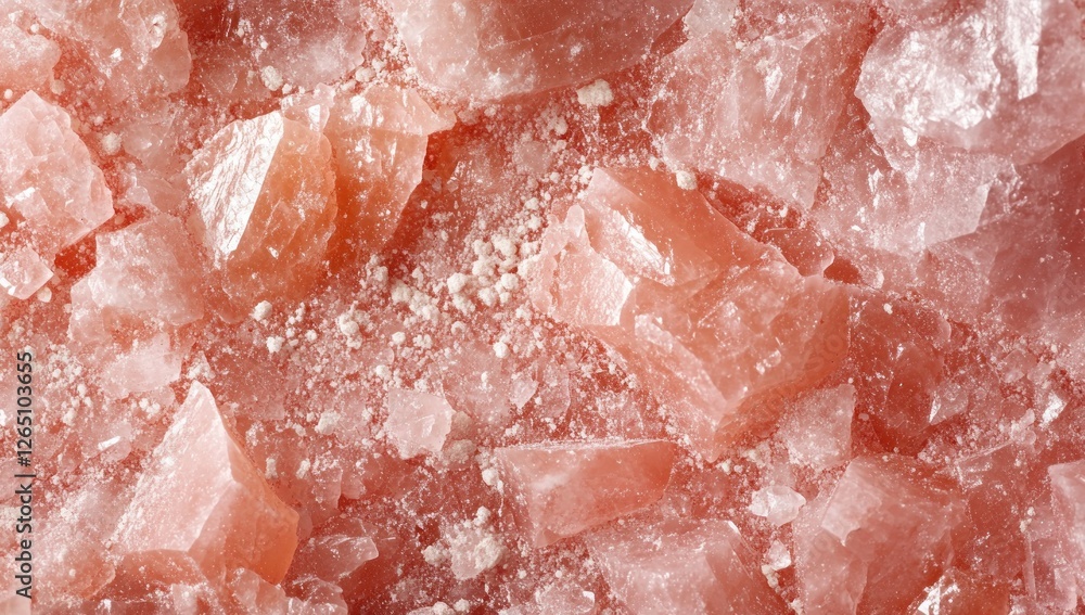Poster close-up view of pink himalayan salt crystals, showing texture and variations in size and shape.