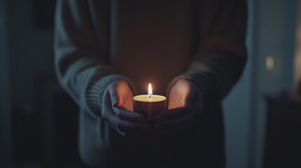 Hands gently cradle a glowing candle, symbolizing comfort, warmth, and hope in a darkened space, offering solace and serenity.