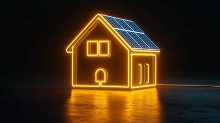 Neon house outline with solar panels symbolizes modern lighting and sustainable energy.