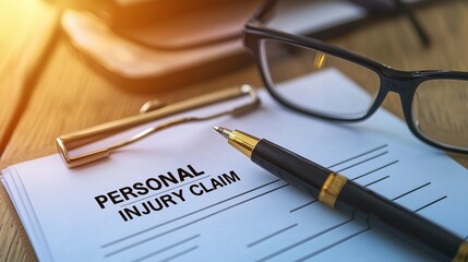 Personal injury claim document with pen and glasses, symbolizing legal process and documentation.