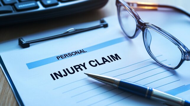 Personal injury claim form with glasses and pen, symbolizing legal advice and documentation.