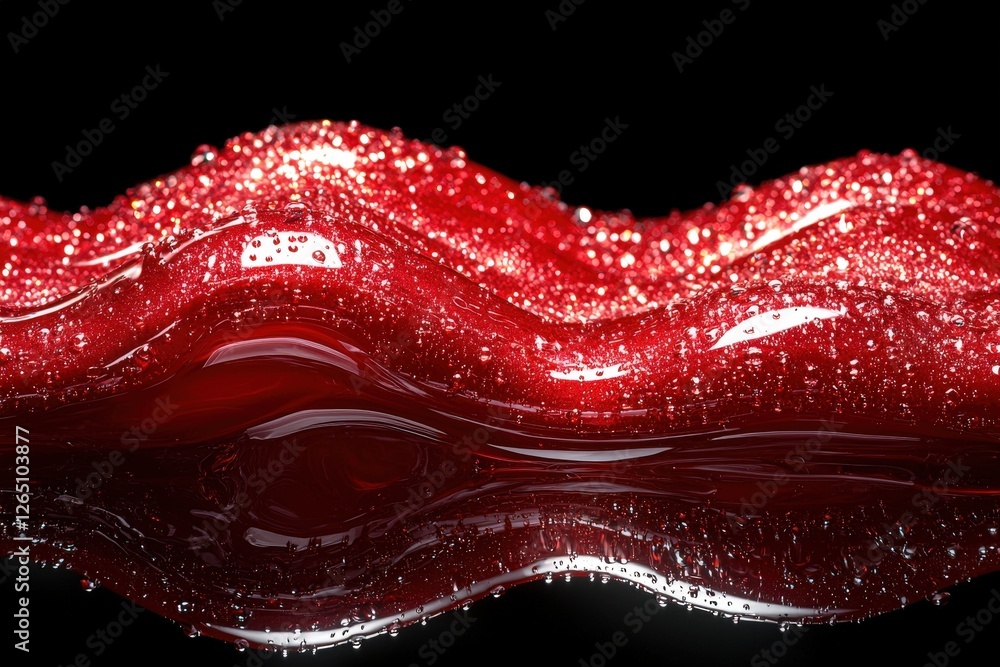 Poster red liquid flowing dynamically, reflecting light with glistening droplets. the rich color and fluid 