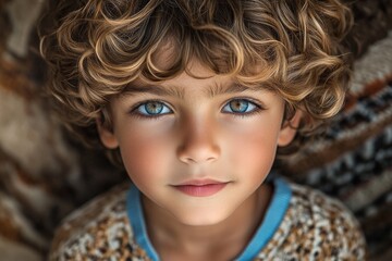 Fototapeta premium Young boy with curly hair and striking blue eyes posing warmly against a patterned background in bright lighting