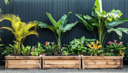 Three rustic wooden planters filled with lush tropical plants against a dark fence.