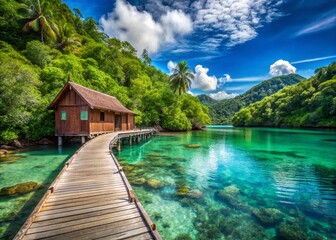 Fototapeta premium Raja Ampat Wooden House & Jetty: Turquoise Water Paradise - Indonesian Island Getaway Stock Photo