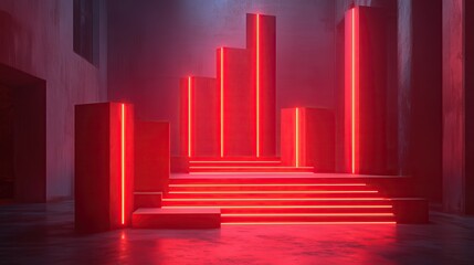 Illuminated red staircase and geometric columns architectural composition in contemporary space with vibrant glow