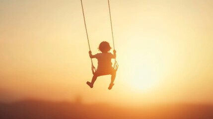 A child joyously swings high into the glowing sunset, capturing a moment of pure freedom and innocence.