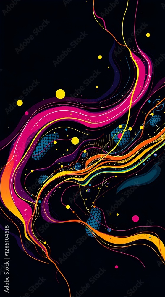 Poster vibrant neon swirl pattern with glowing light trails and cosmic sparkles, futuristic abstract energy