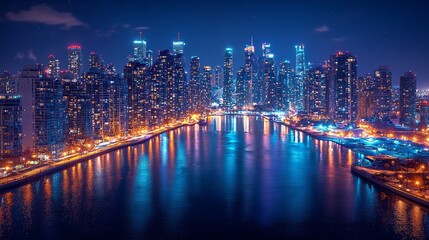 Fototapeta premium Night cityscape skyline reflections. Aerial view of illuminated city buildings reflected in water. Possible use in travel, architecture, and lifestyle publications