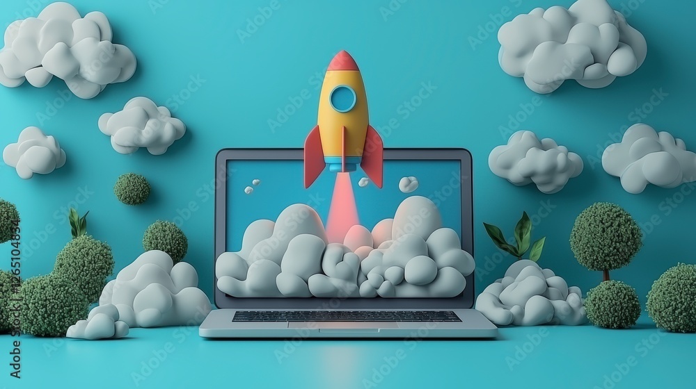 Poster a vibrant image showcasing a rocket ascending from a laptop, surrounded by fluffy clouds, reflecting