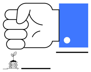 Clenched hand in blue cuff contrasts with small plant growing from coins, conveying themes of investment, growth, challenges. Ideal for startups, sustainability, economy, leadership, power dynamics