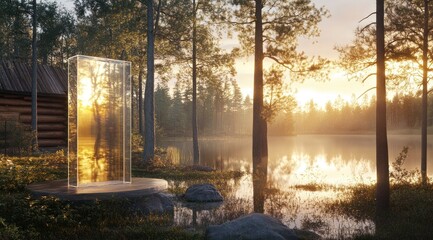 Fototapeta premium Glass portal in serene forest lake sunrise.