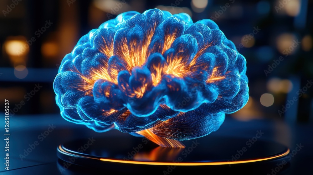 Poster futuristic concept of a glowing brain with dynamic light effects representing intelligence and creat