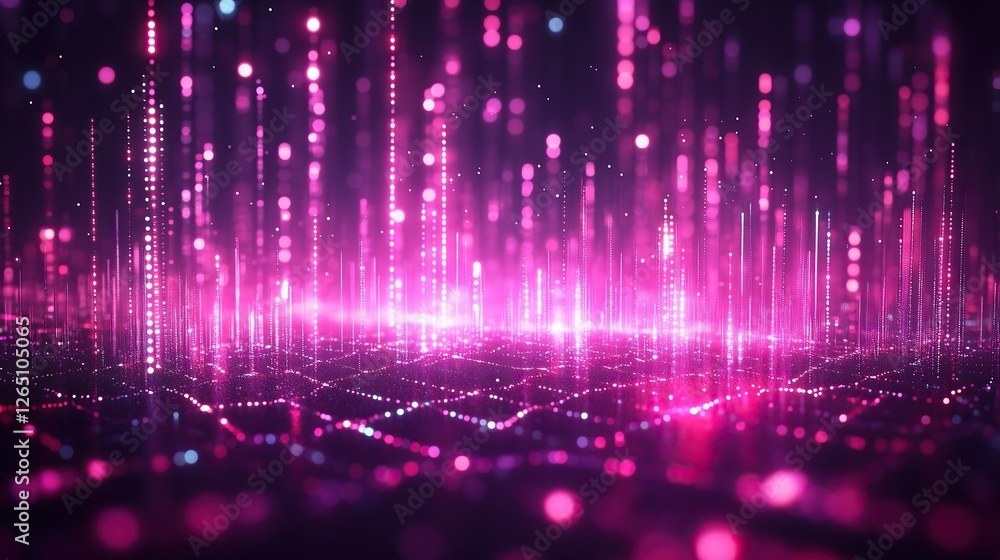 Poster Abstract glowing pink digital landscape with rising streaks of light and shimmering particle grid Tech data visualisation concept