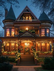 Fototapeta premium Victorian style house decorated extensively with christmas lights and wreaths