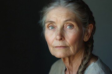 Obraz premium Elderly woman with braided hair gazes thoughtfully, showcasing wisdom and experience in her eyes